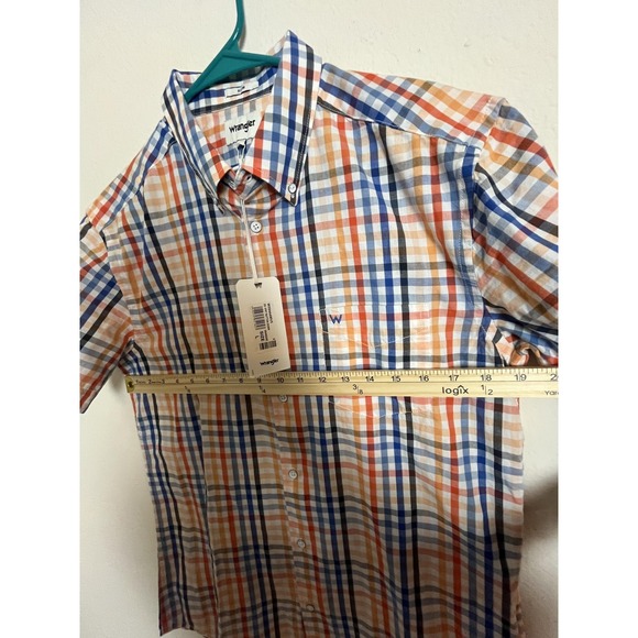 Wrangler Shirt Boys Large Orange Blue Plaid Slim Fit Short Sleeve‎ Button Down - Picture 6 of 8